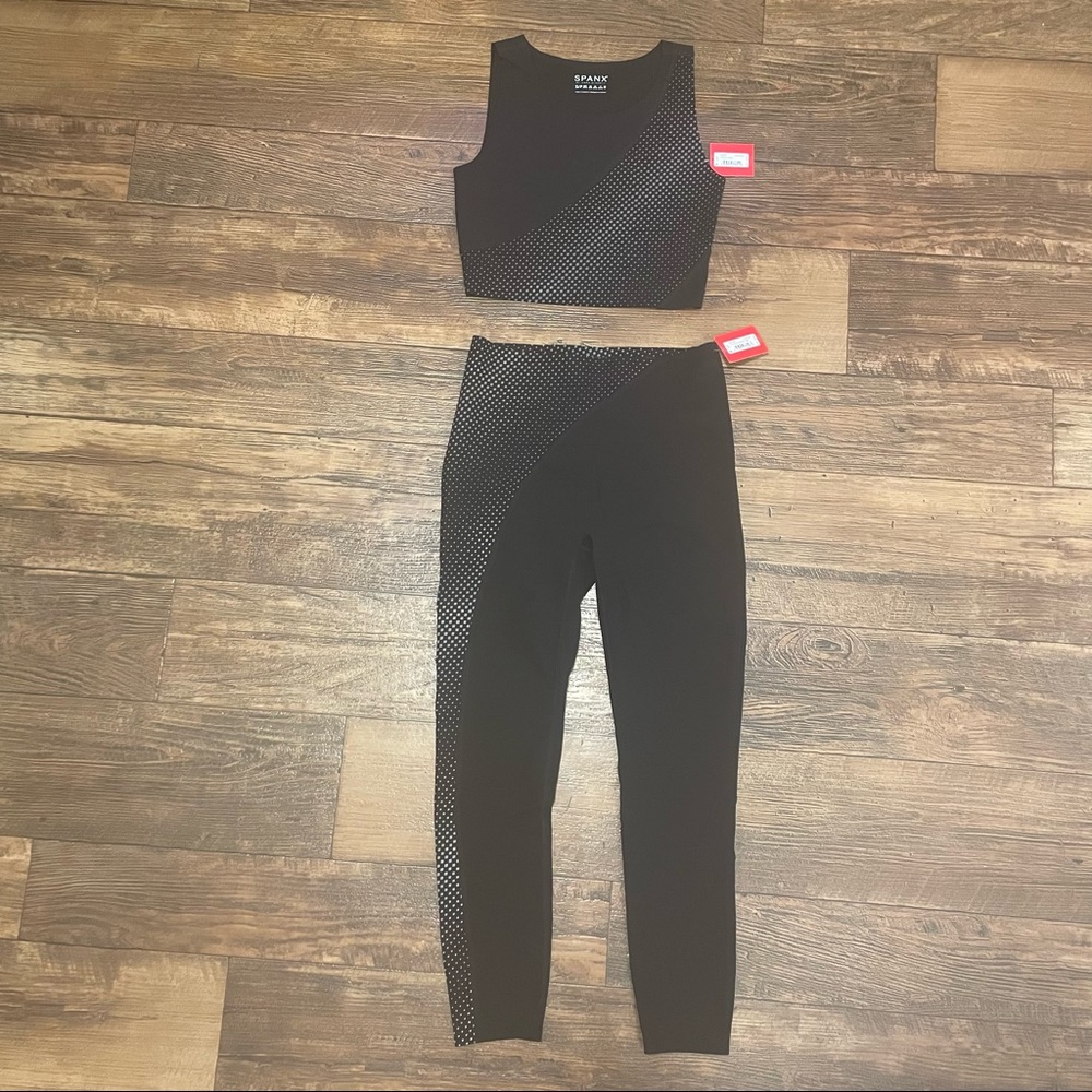 Asymmetrical reflective print spanx leggings set with matching crop top